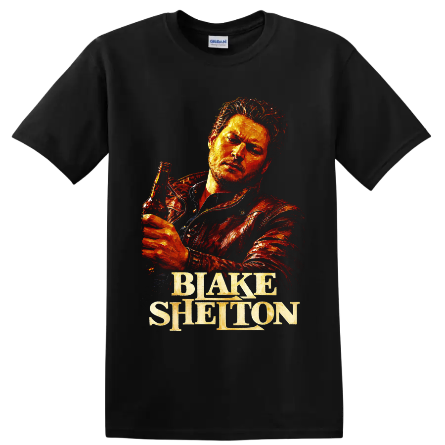 Blake Shelton holding a beer bottle in fiery textured country portrait art on a Black T Shirt