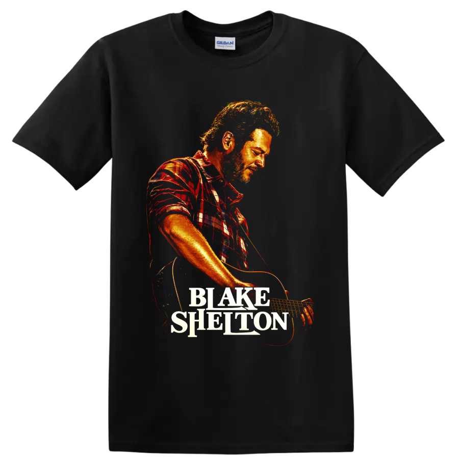 Blake Shelton guitar performance portrait in fiery concert-poster style with name on a Black T Shirt