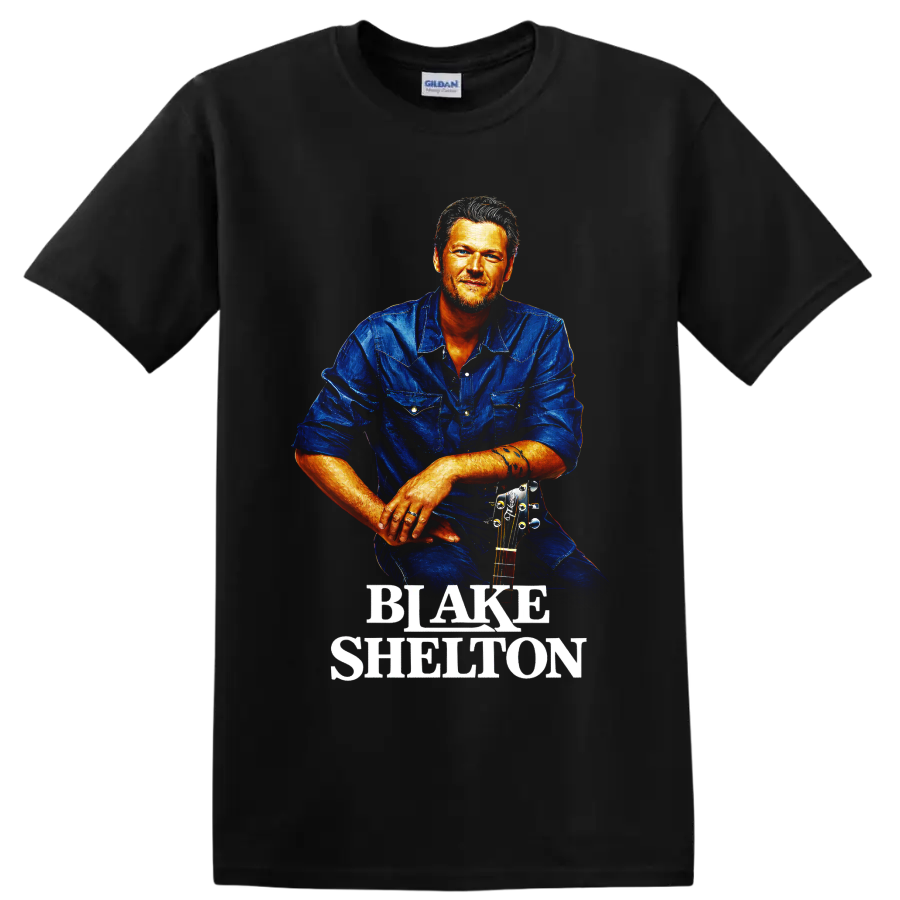 Blake Shelton painterly country singer portrait with acoustic guitar and name lettering on a Black T Shirt