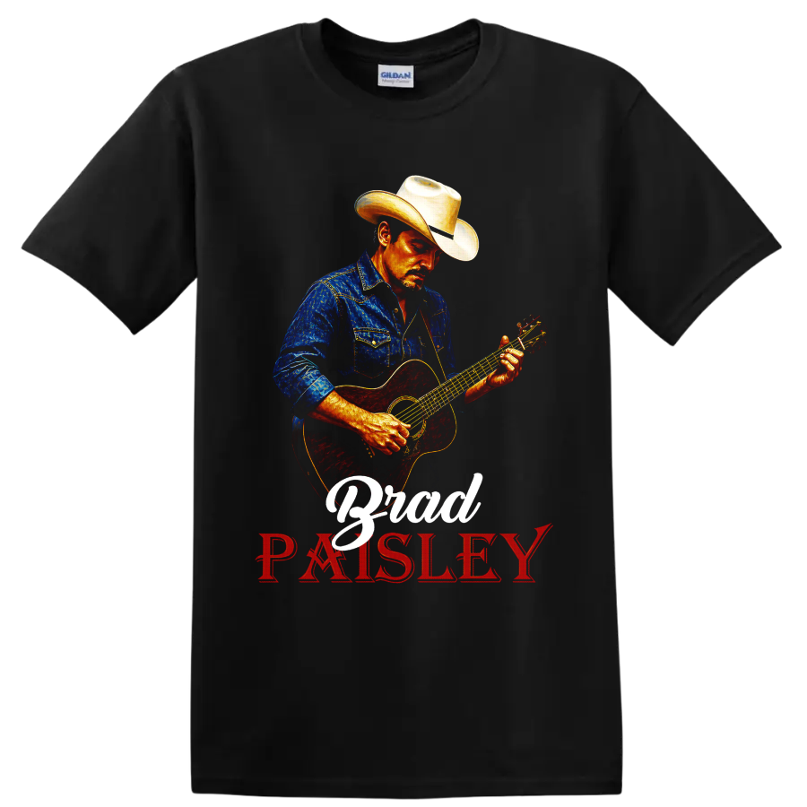Brad Paisley cowboy-hatted guitarist in vivid western art with acoustic guitar lettering on a Black T Shirt