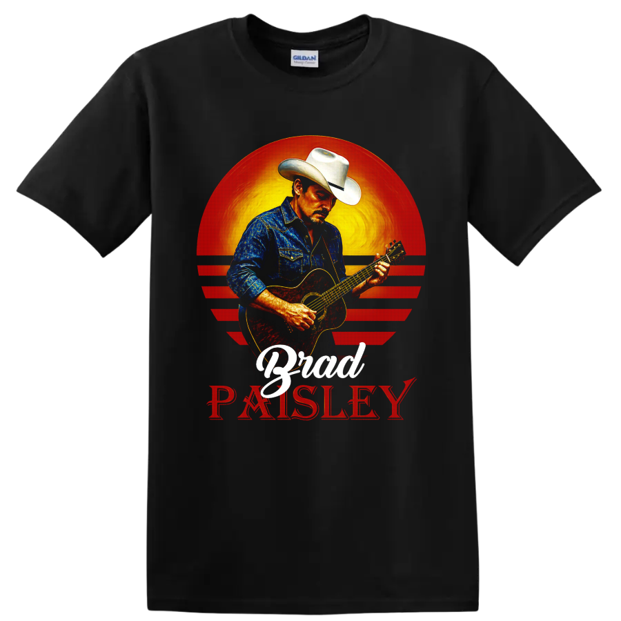 Brad Paisley playing acoustic guitar in cowboy hat before a retro western sunset on a Black T Shirt