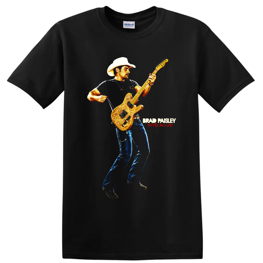Brad Paisley cowboy-hatted guitarist with ornate golden electric guitar artwork on a Black T Shirt