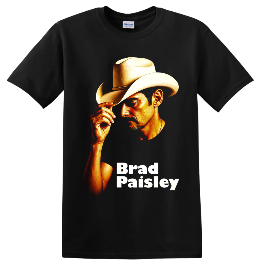 Brad Paisley painted cowboy hat portrait with warm gold highlights and name text on a Black T Shirt