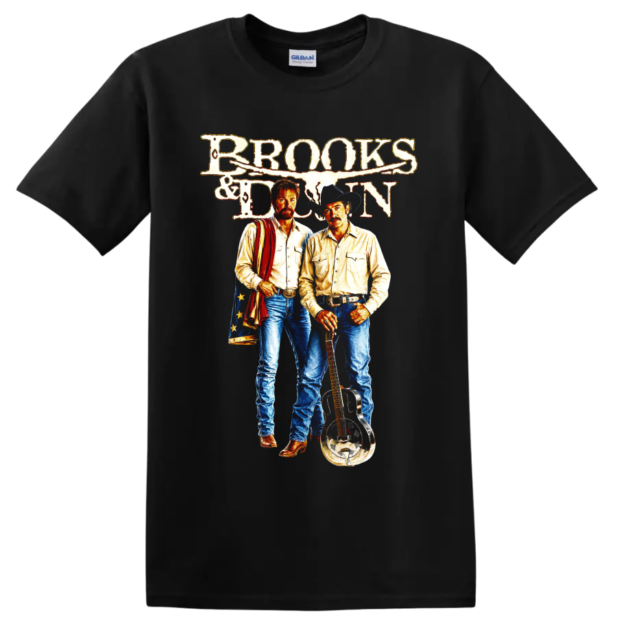 Brooks & Dunn vintage western duo art with cowboy hat, resonator guitar, and distressed on a Black T Shirt