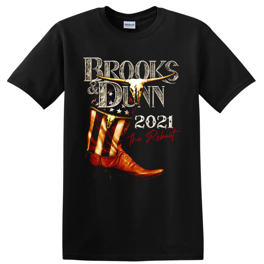 Brooks & Dunn The Reboot 2021 western cowboy boot, longhorn skull, and stars graphic on a Black T Shirt