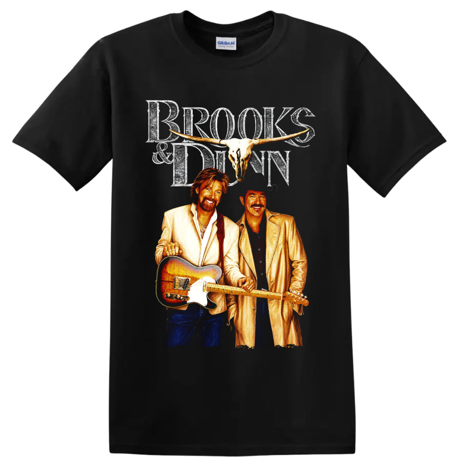 Brooks & Dunn western concert art with longhorn skull, guitar, and ornate lettering on a Black T Shirt