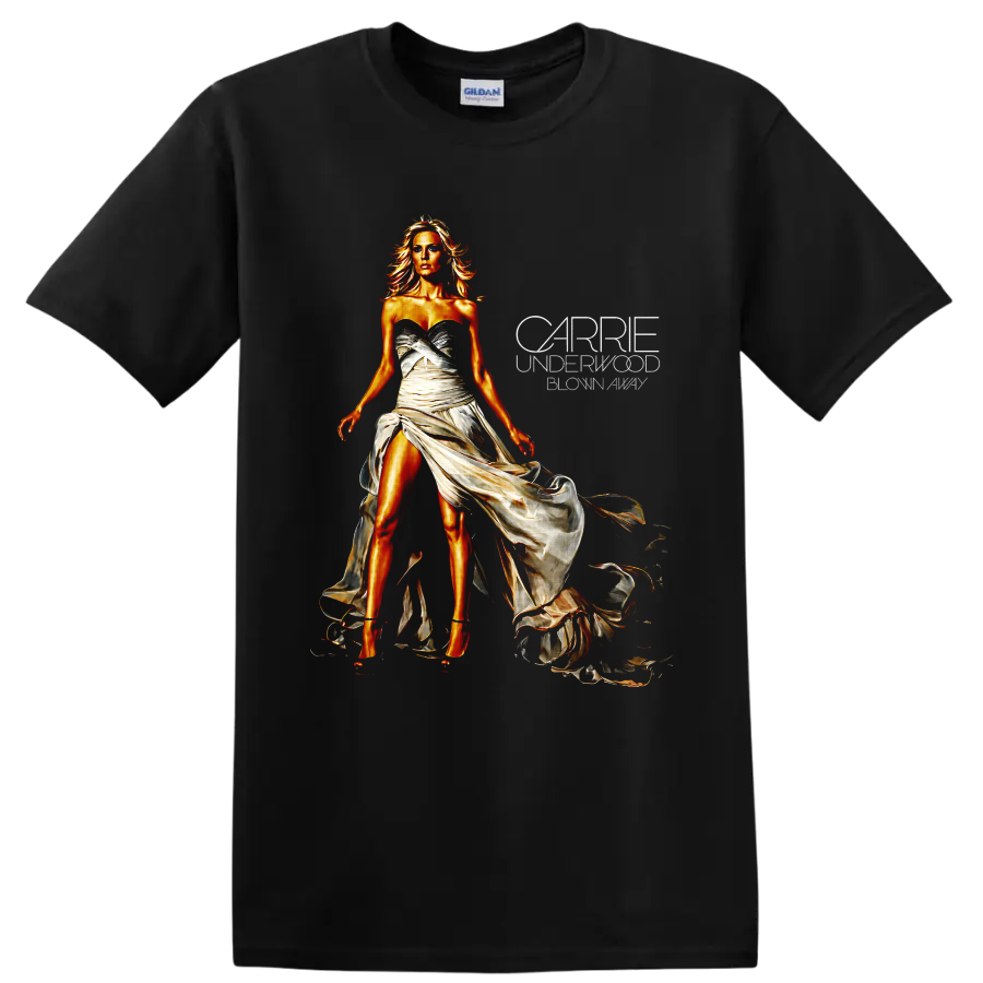 Carrie Underwood in a flowing ivory gown with glowing golden concert portrait art on a Black T Shirt