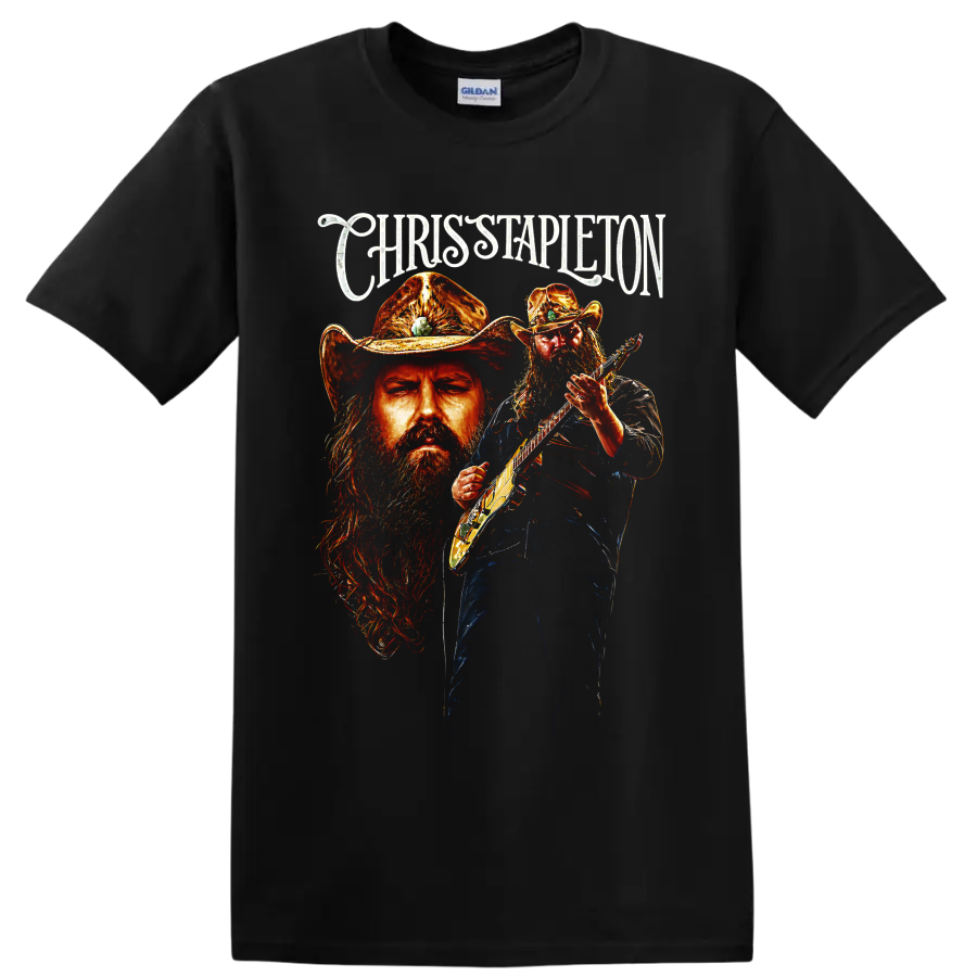 Chris Stapleton painted guitarist portrait in a western hat with ornate name lettering on a Black T Shirt