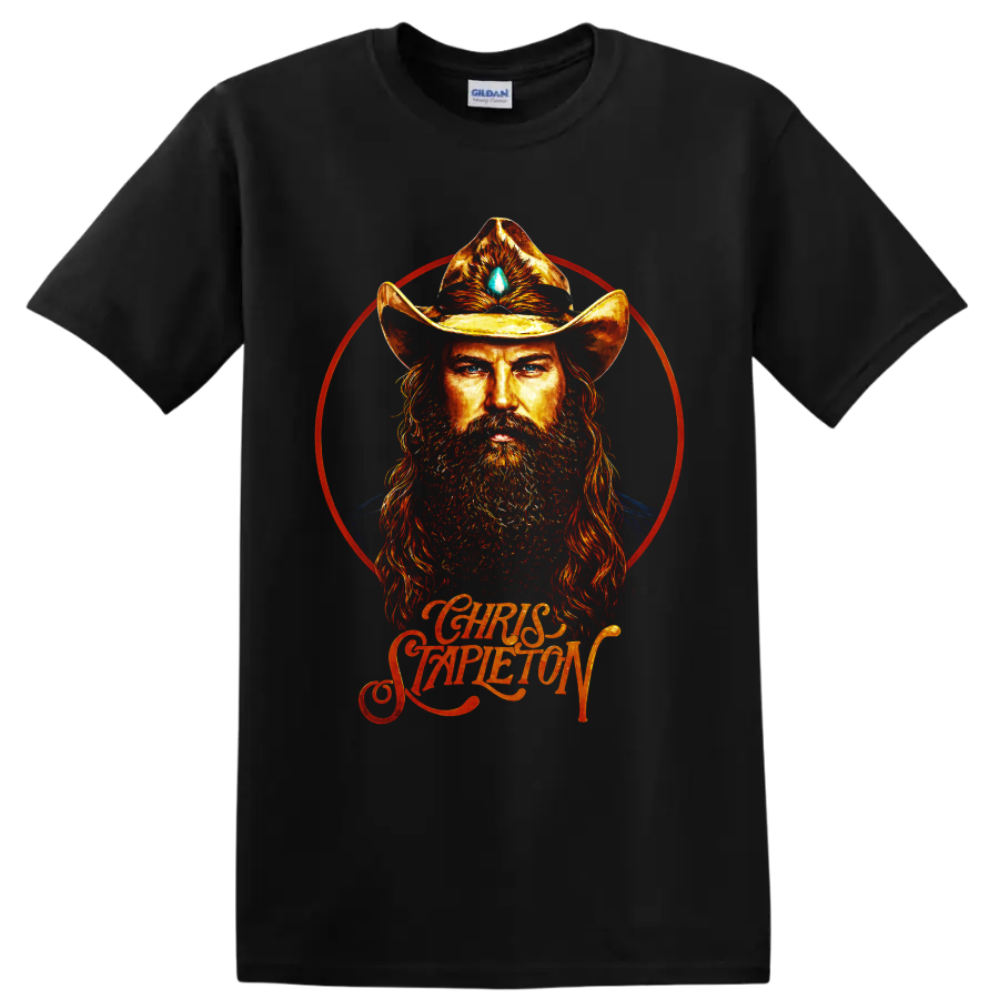 Chris Stapleton fiery cowboy hat portrait with red halo and script lettering on a Black T Shirt