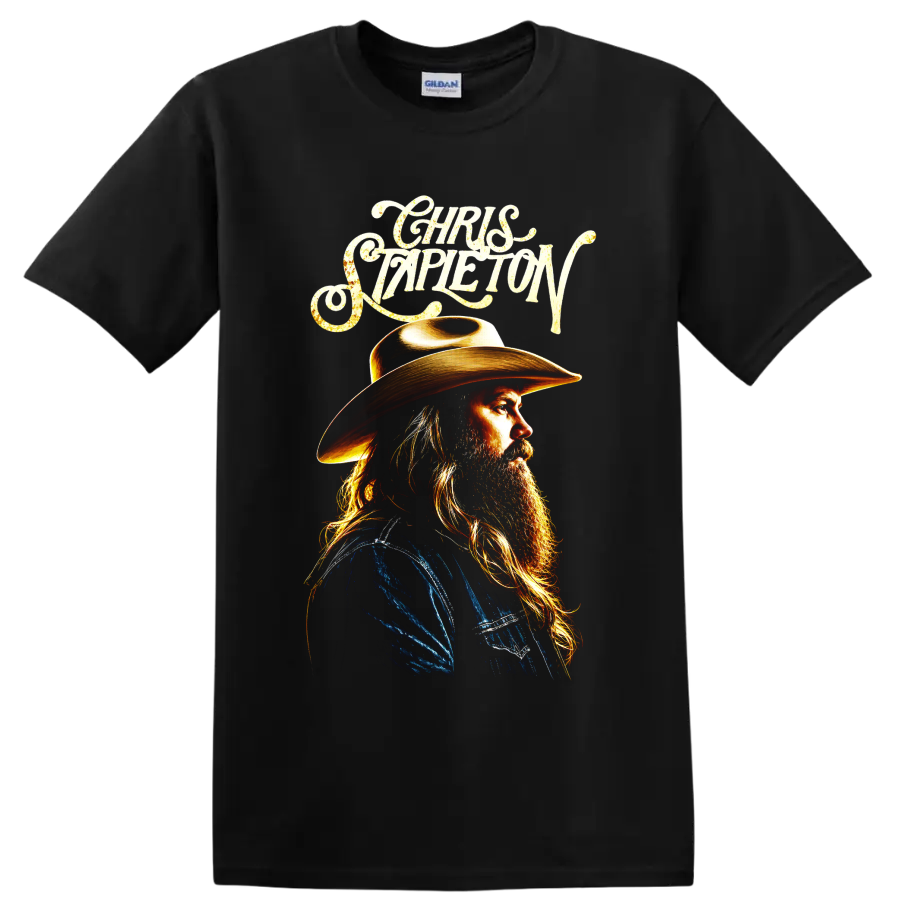 Chris Stapleton cowboy hat portrait with ornate script and golden country music artwork on a Black T Shirt
