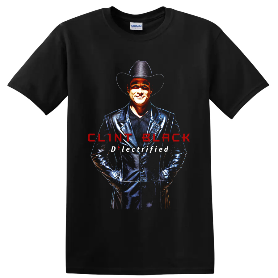Clint Black cowboy hat portrait with red lettering and Electrified text on a Black T Shirt
