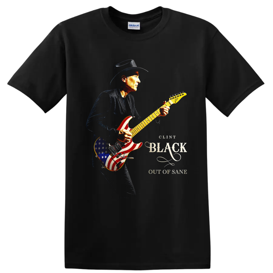Clint Black cowboy-hatted guitarist with patriotic American flag electric guitar artwork on a Black T Shirt