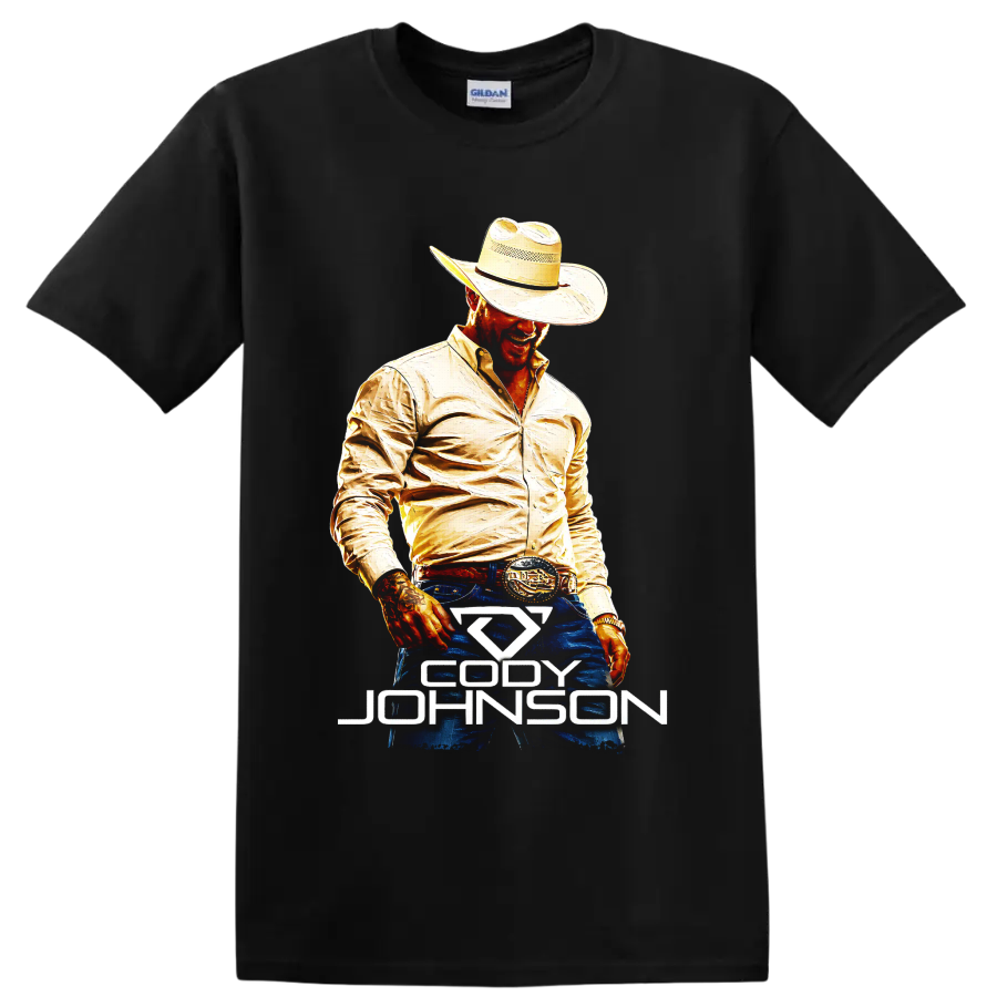 Cody Johnson painted country singer portrait in cowboy hat with Western name graphic on a Black T Shirt