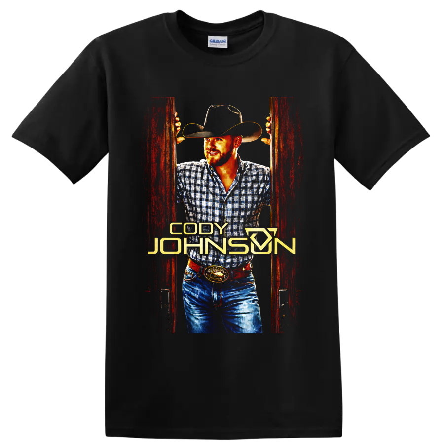 Cody Johnson cowboy portrait with black hat, plaid shirt, rustic red doors, and gold on a Black T Shirt
