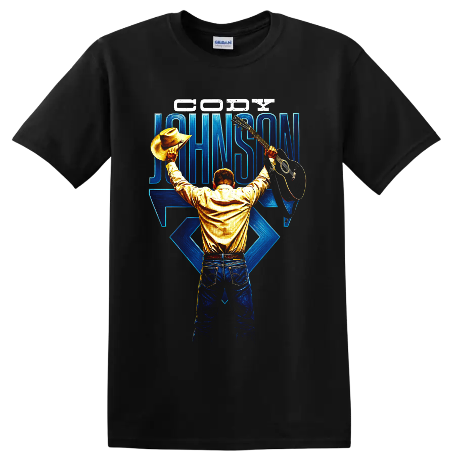 Cody Johnson cowboy performer holding hat and guitar with blue concert lettering on a Black T Shirt