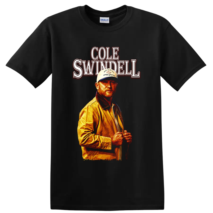 Cole Swindell portrait with vintage red name lettering and warm concert poster styling on a Black T Shirt