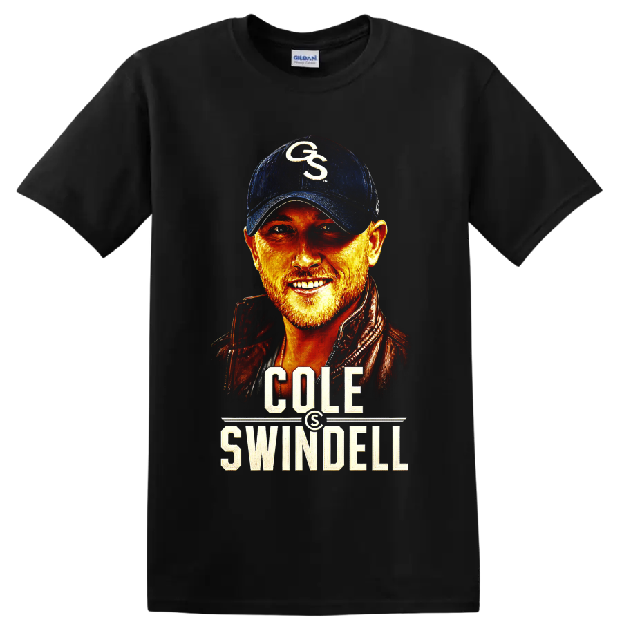 Cole Swindell country singer portrait with fiery colors and bold name lettering on a Black T Shirt