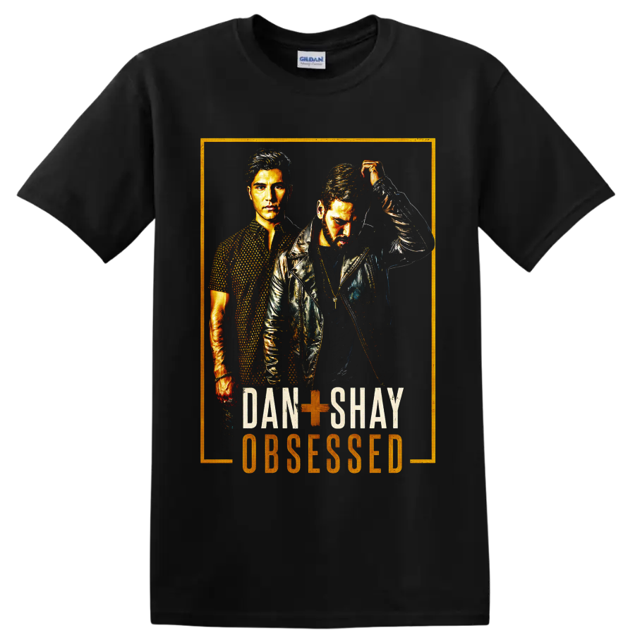 Dan + Shay duo portraits in distressed gold concert-poster art with Obsesssed text on a Black T Shirt