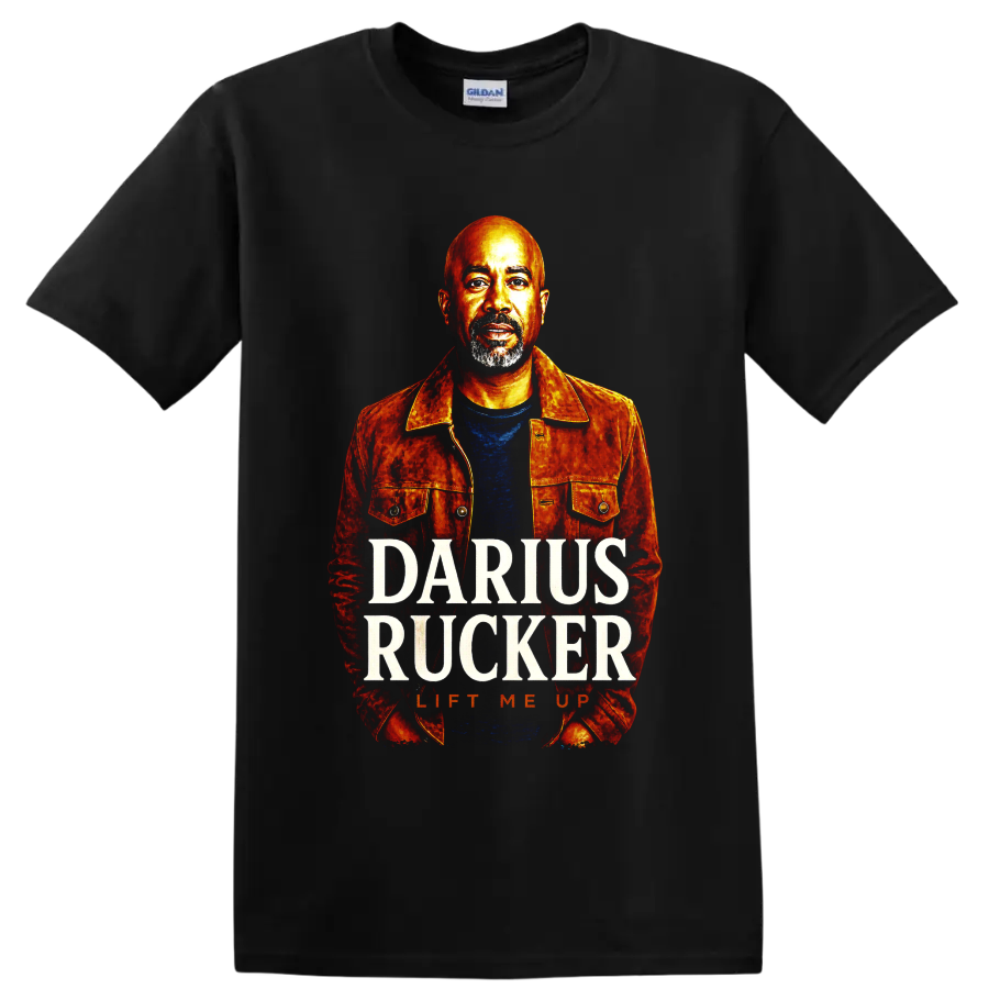 Darius Rucker painted portrait with DARIUS RUCKER and LIFT ME UP text on a Black T Shirt