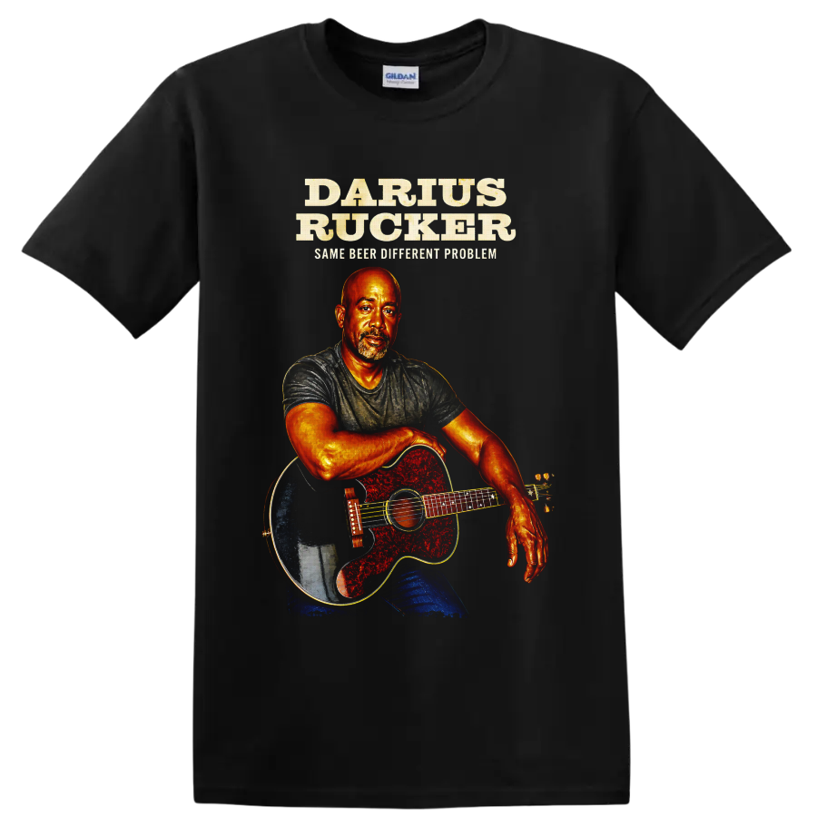 Darius Rucker illustrated guitar portrait with Same Beer Different Problem text on a Black T Shirt