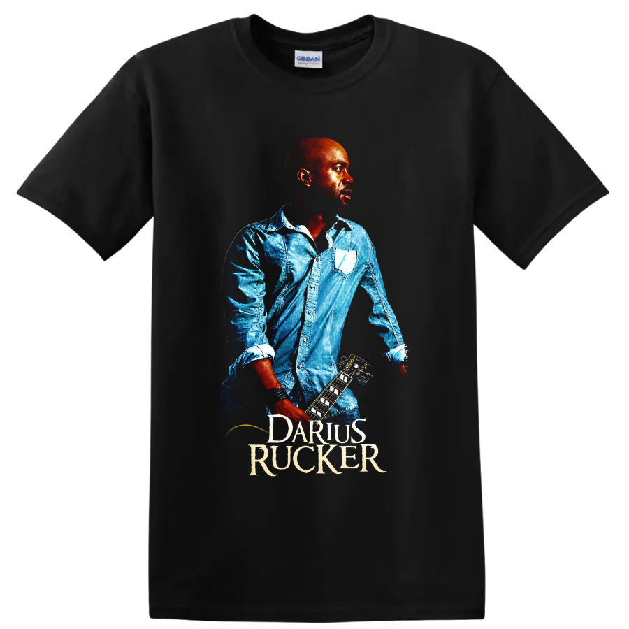 Darius Rucker guitar portrait in vivid blue and red concert-poster style on a Black T Shirt