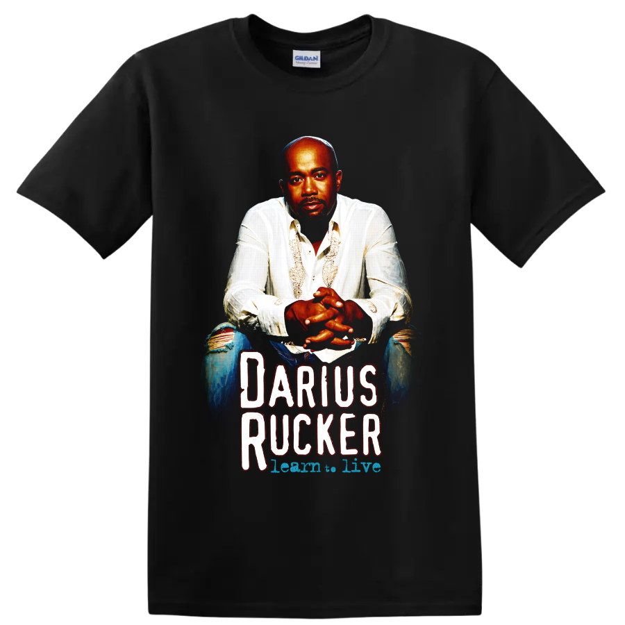 Darius Rucker painted portrait with distressed Darius Rucker concert-style lettering on a Black T Shirt