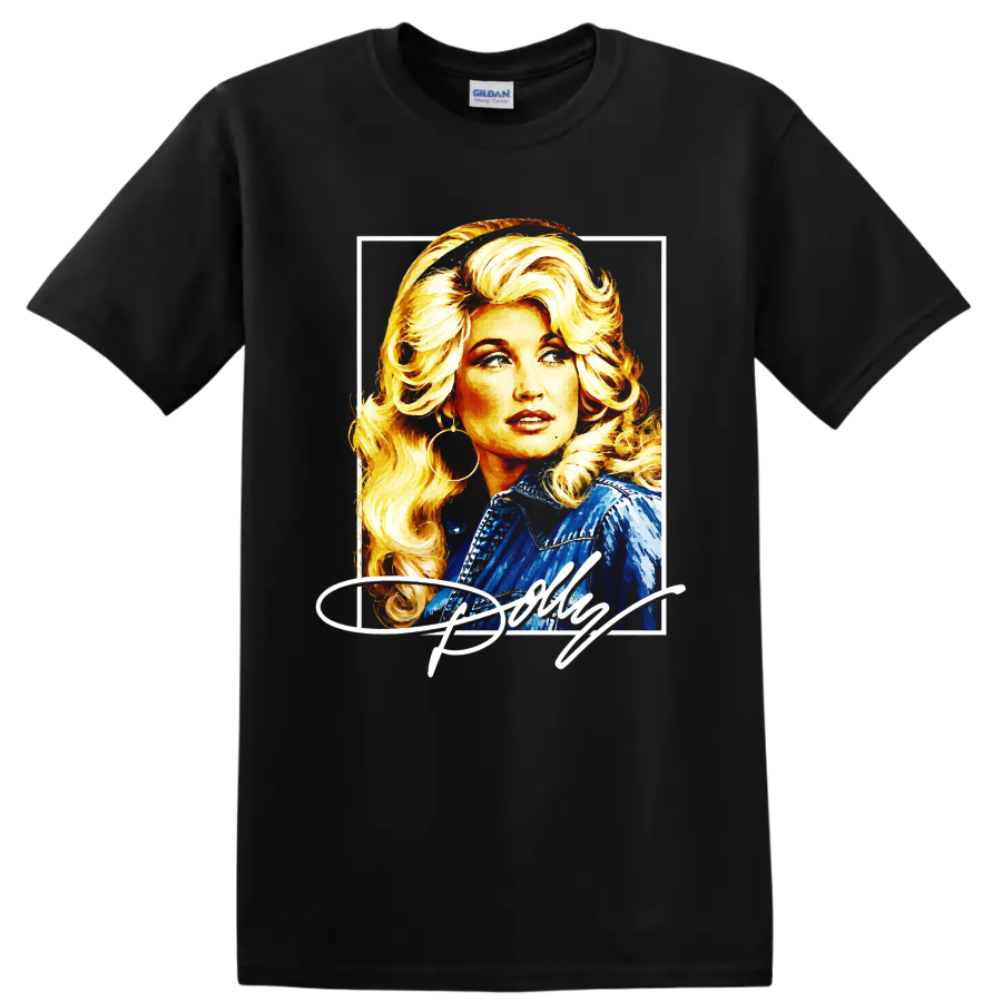 Dolly Parton retro painted portrait with blonde curls and blue western jacket on a Black T Shirt