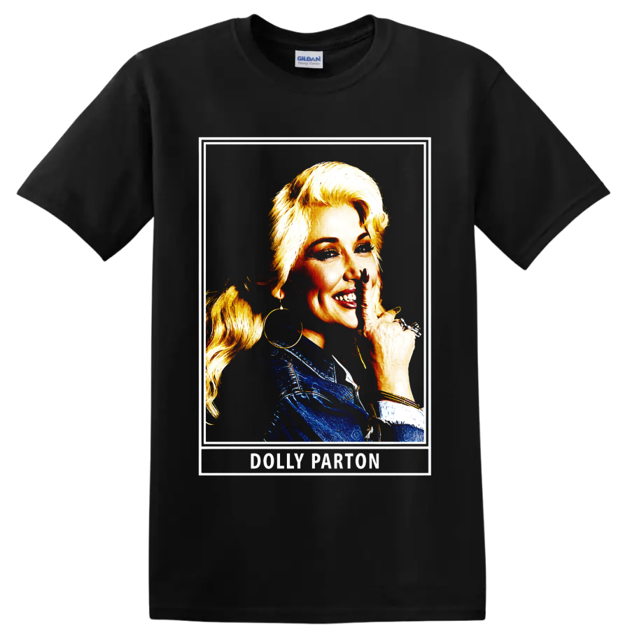 Dolly Parton portrait in blue outfit with gold highlights and framed retro artwork on a Black T Shirt