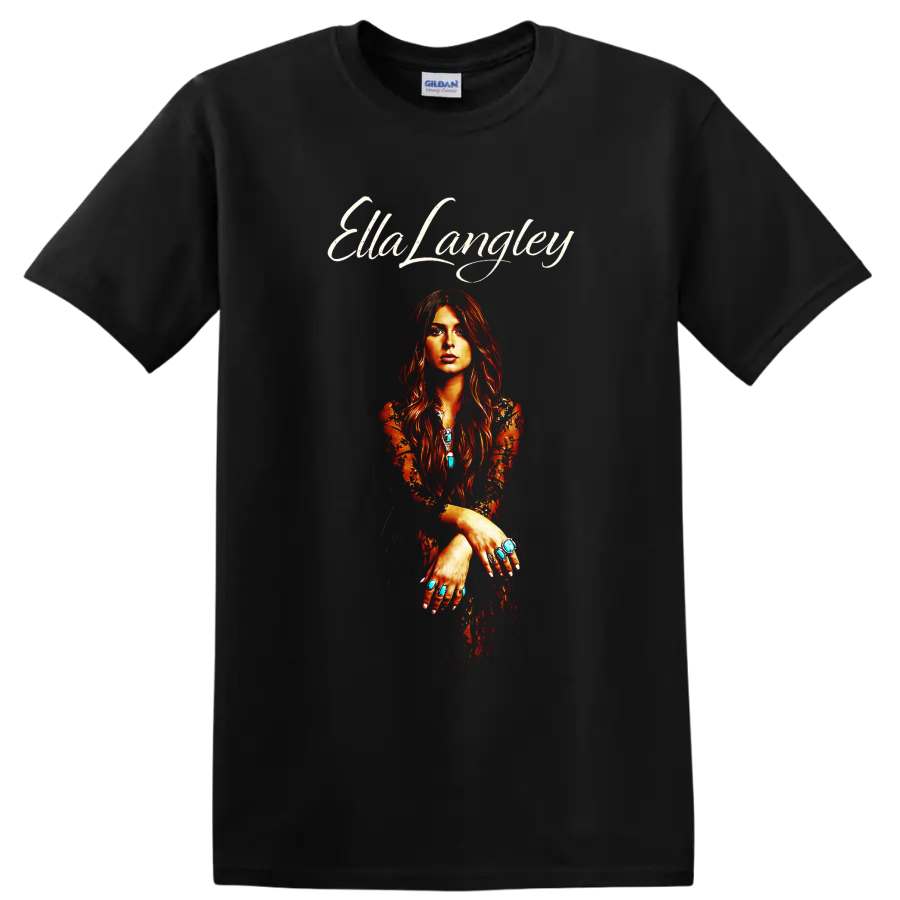 Ella Langley portrait in fiery western style with white script and turquoise jewelry on a Black T Shirt