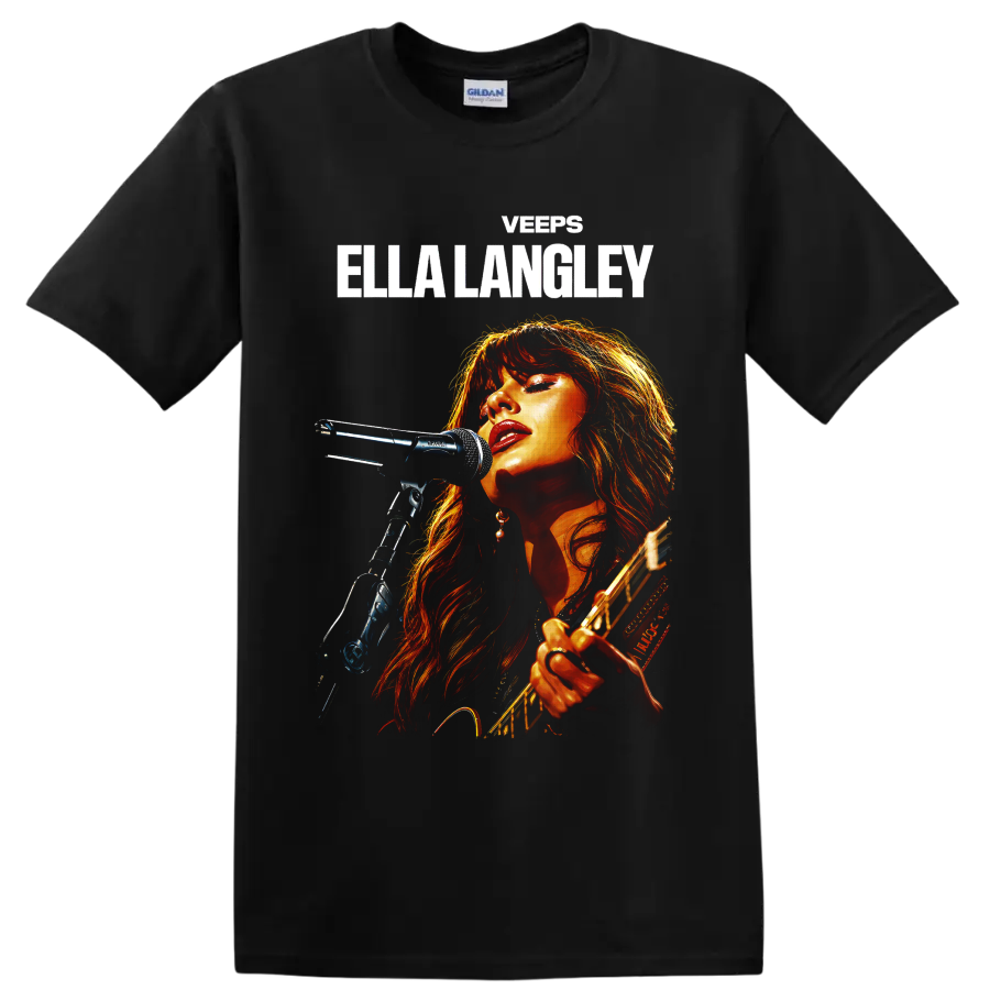 Ella Langley live country singer portrait with microphone, guitar, and bold name text on a Black T Shirt