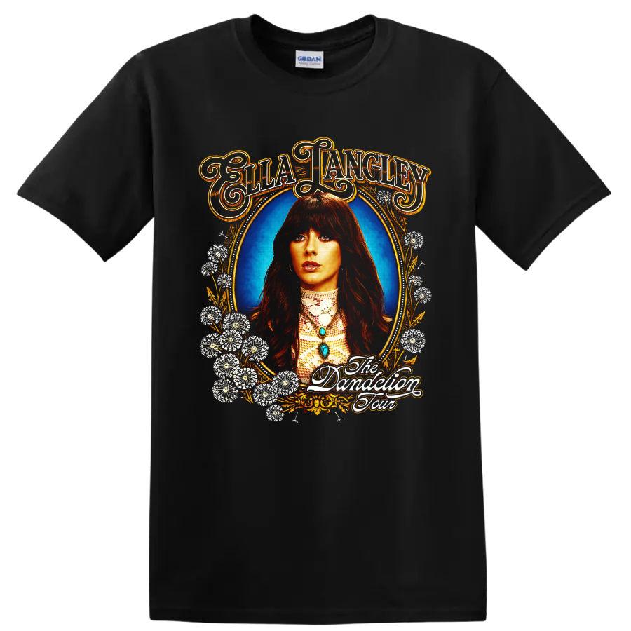 Ella Langley portrait with floral Western frame and The Damnation Tour lettering on a Black T Shirt