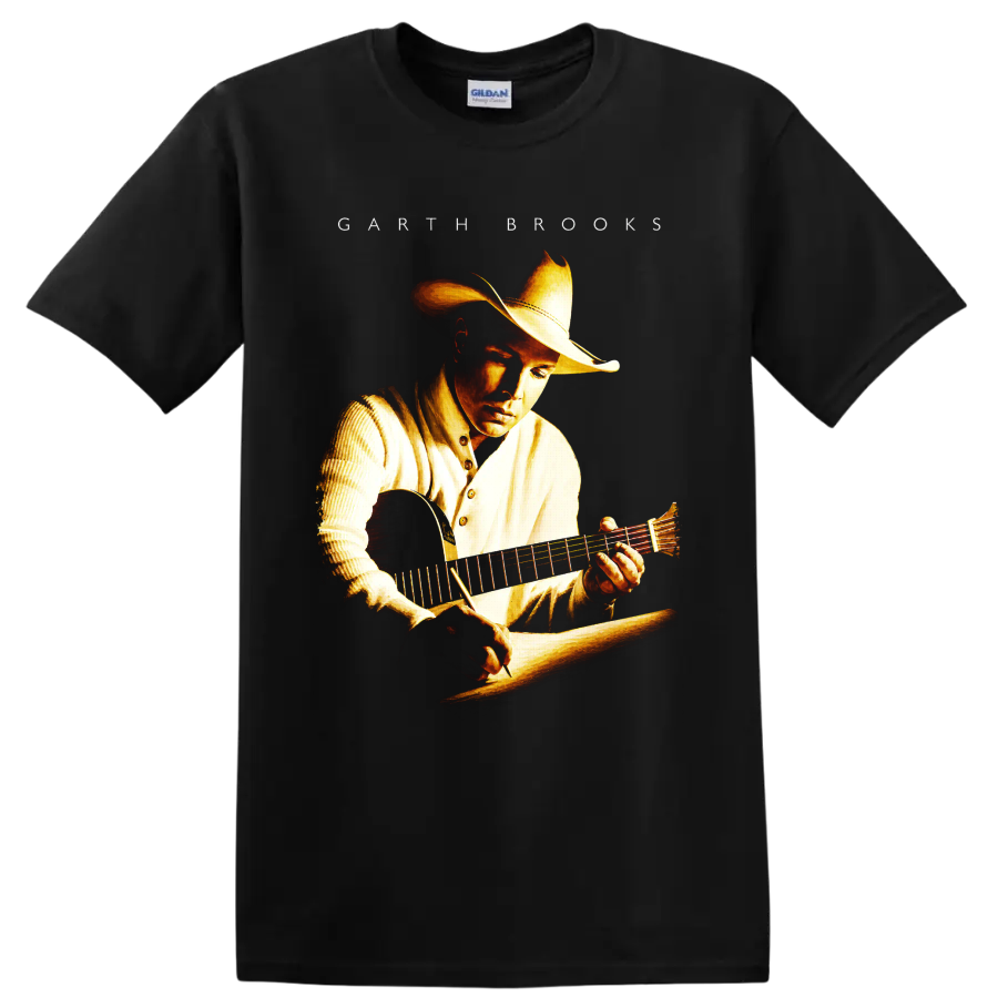 Garth Brooks cowboy hat and acoustic guitar portrait in warm Western illustration on a Black T Shirt