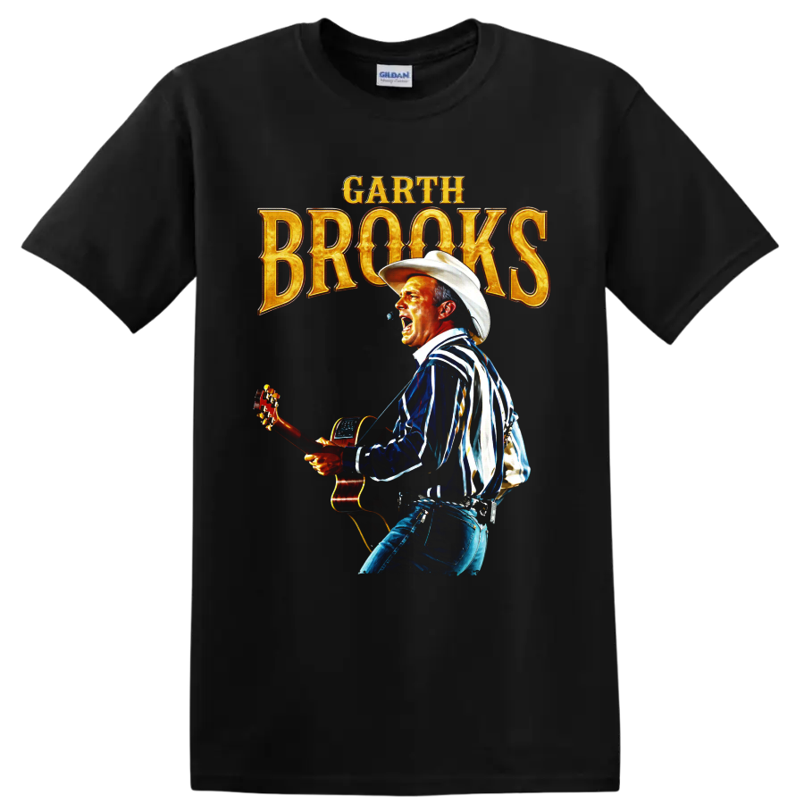 Garth Brooks singer with acoustic guitar, cowboy hat, and gold concert lettering on a Black T Shirt