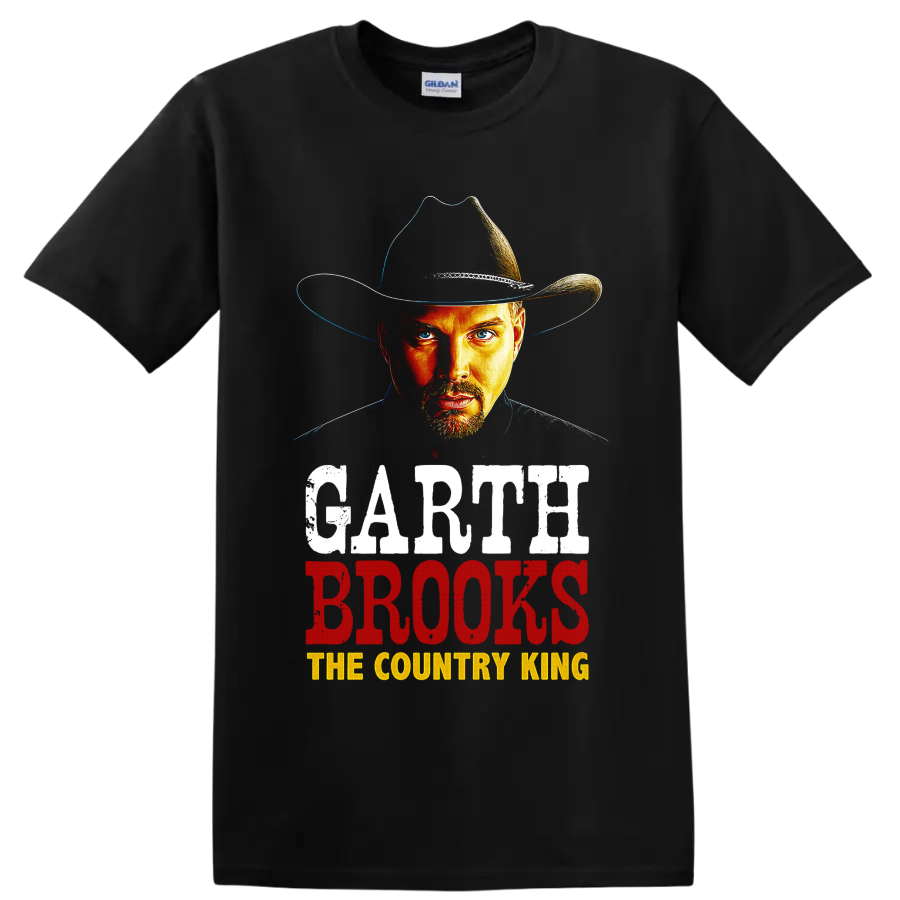 Garth Brooks cowboy hat portrait with distressed The Country King lettering on a Black T Shirt