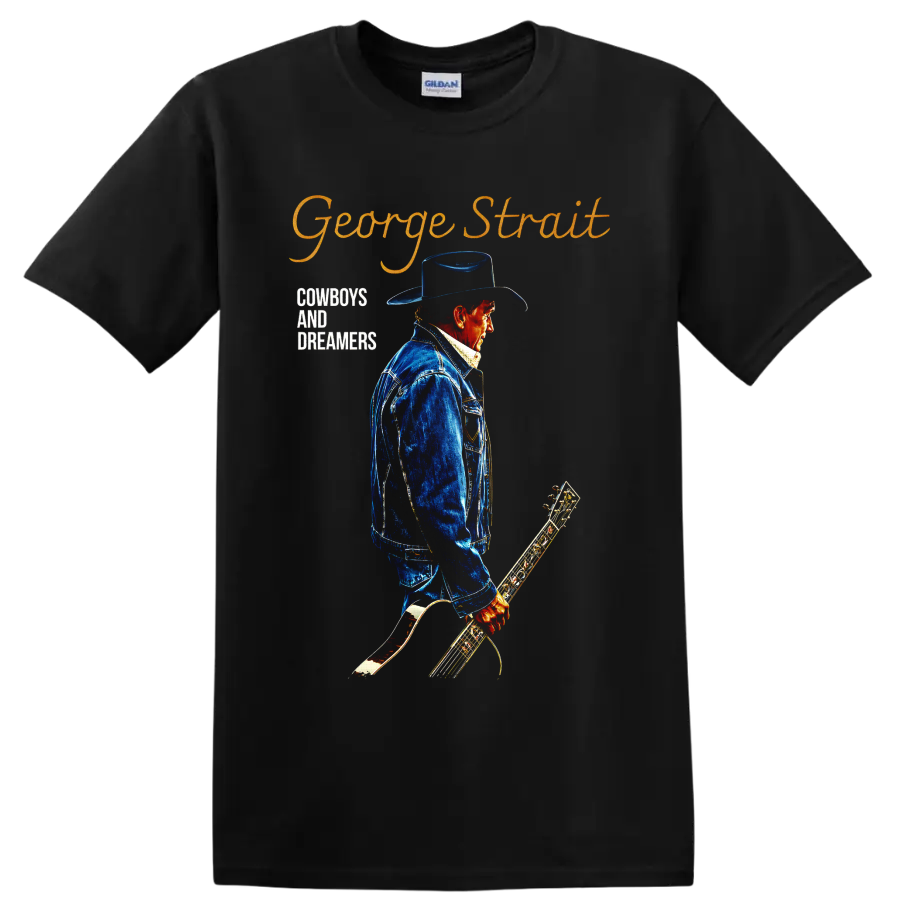 George Strait cowboy portrait with guitar and Cowboys and Dreamers western lettering on a Black T Shirt