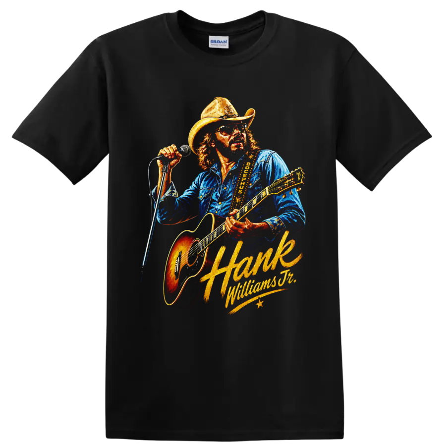 Hank Williams Jr. country guitar performance illustration with cowboy hat and microphone on a Black T Shirt