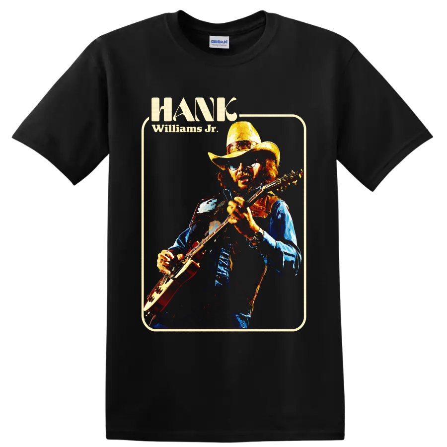 Hank Williams Jr retro portrait playing electric guitar in cowboy hat and sunglasses on a Black T Shirt