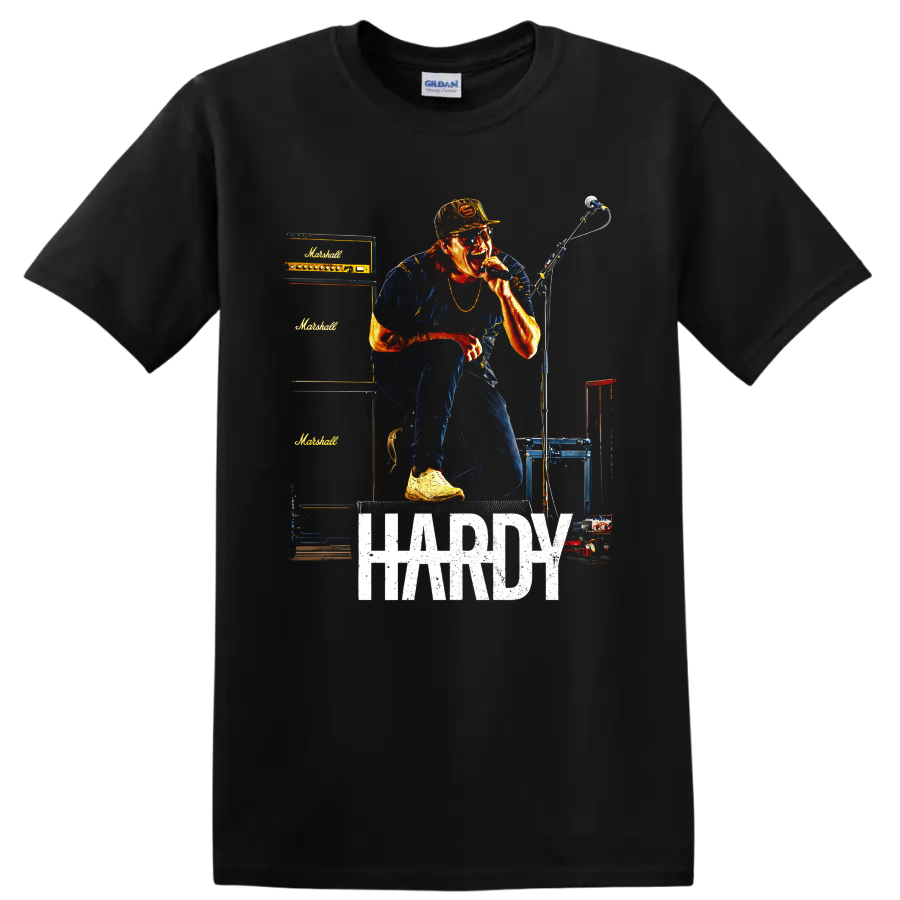 HARDY live concert singer graphic with microphone, amplifiers, and distressed lettering on a Black T Shirt