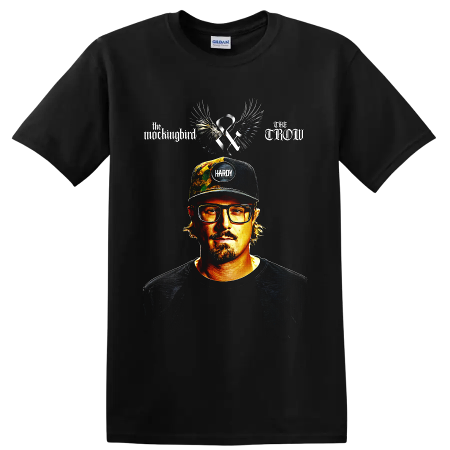 HARDY portrait with wings, ribbon, cap, and distressed country music artwork on a Black T Shirt