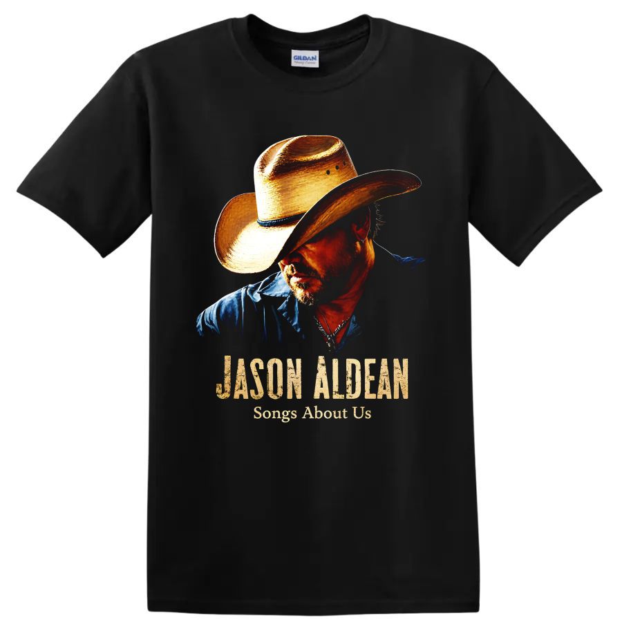 Jason Aldean cowboy hat portrait with Songs About Us distressed country music text on a Black T Shirt