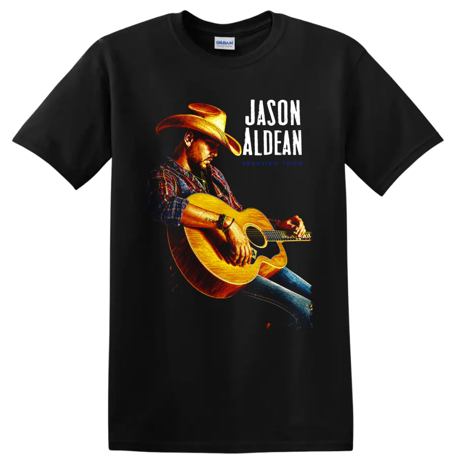 Jason Aldean Hicktown distressed concert graphic with cowboy-hatted acoustic guitarist on a Black T Shirt