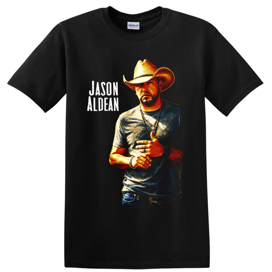 Jason Aldean cowboy hat portrait in vivid painted style with distressed name lettering on a Black T Shirt