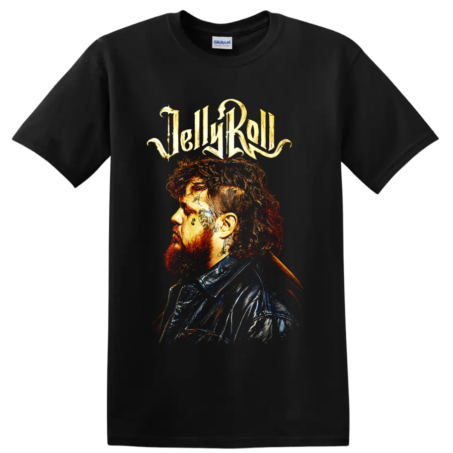 Jelly Roll side-profile portrait with tattoo details and fiery painted lettering on a Black T Shirt