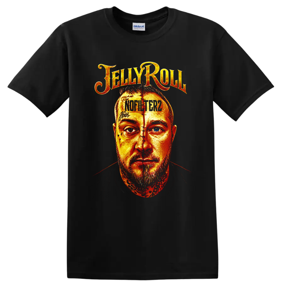 Fiery illustrated Jelly Roll portrait with distressed lettering and Not Like Us text on a Black T Shirt