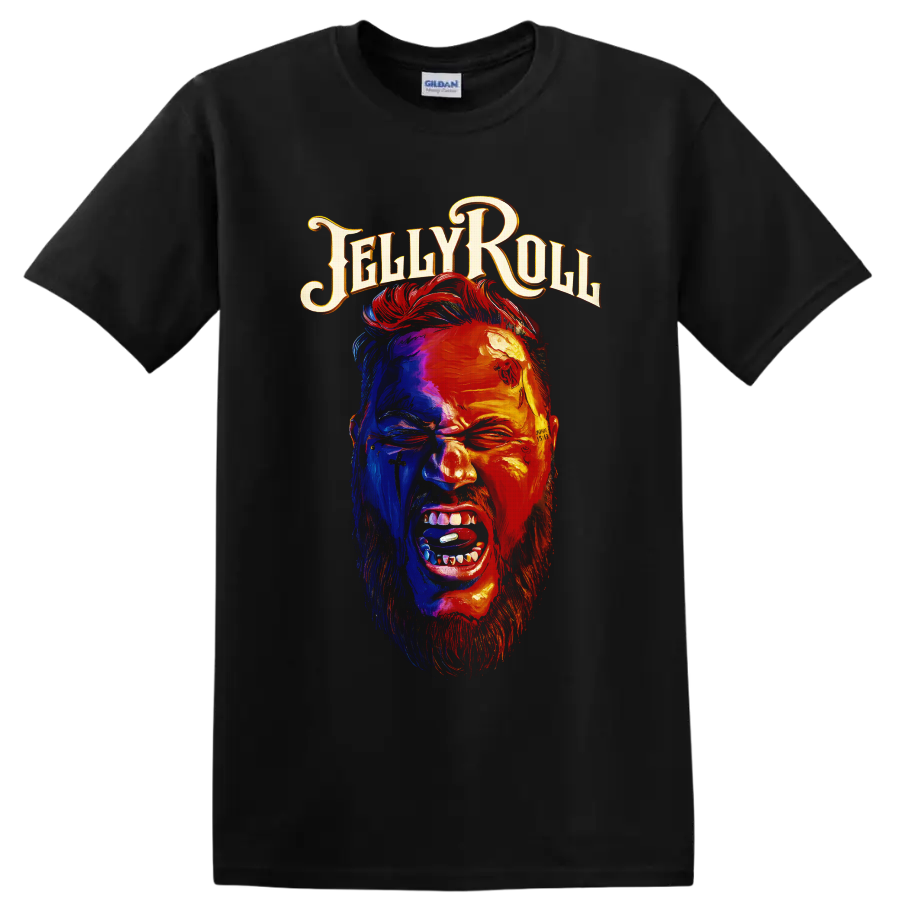 Jelly Roll tattooed portrait in vivid blue and fiery red with ornate Jelly Roll lettering on a Black T Shirt