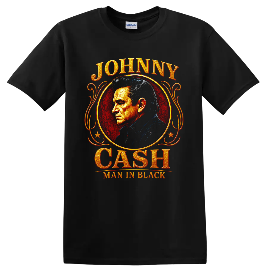 Johnny Cash Man in Black portrait with red medallion and ornate western lettering on a Black T Shirt