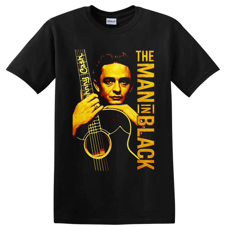 Johnny Cash painted guitar portrait with musical notes and distressed vertical lettering on a Black T Shirt
