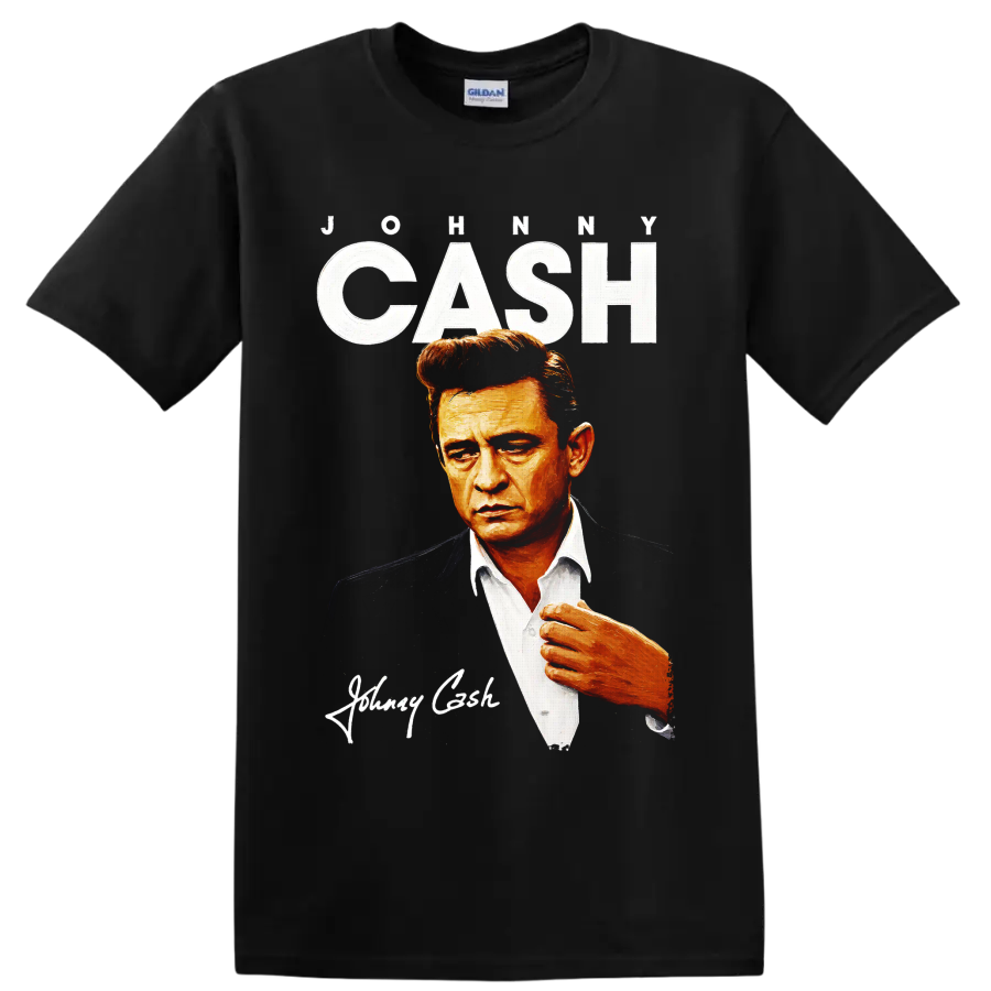 Johnny Cash painted portrait with distressed JOHNNY CASH lettering and signature-style on a Black T Shirt