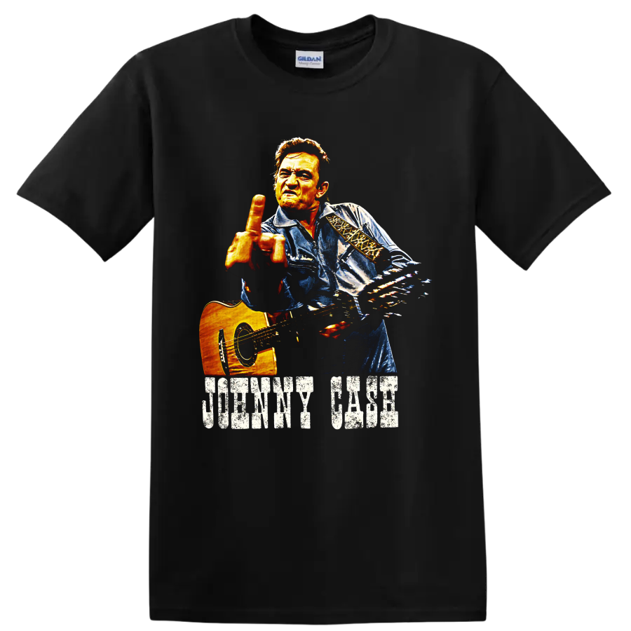 Johnny Cash painted guitar portrait with distressed name lettering on a Black T Shirt
