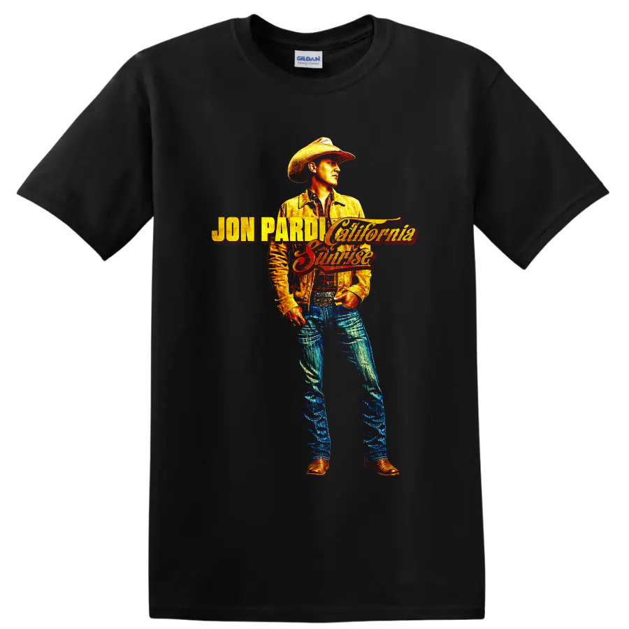 Jon Pardi California Sunrise cowboy portrait with retro western lettering on a Black T Shirt